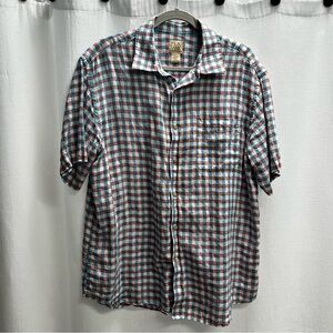Jos.A.Bank Mens 100% Linen Blue and Pink Check Button Front Shirt Large